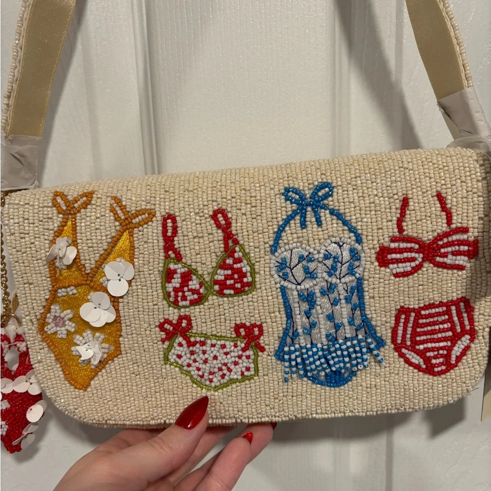 RARE Cream Beaded Swimwear Shoulder Bag - Picture 3 of 4